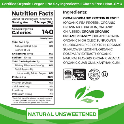 Organic Unflavored Vegan Protein Powder, Natural Unsweetened - 21G of Plant Based Protein, Non Dairy, Gluten Free, No Sugar Added, Soy Free, Non-Gmo, 1.59 Lb (Packaging May Vary)
