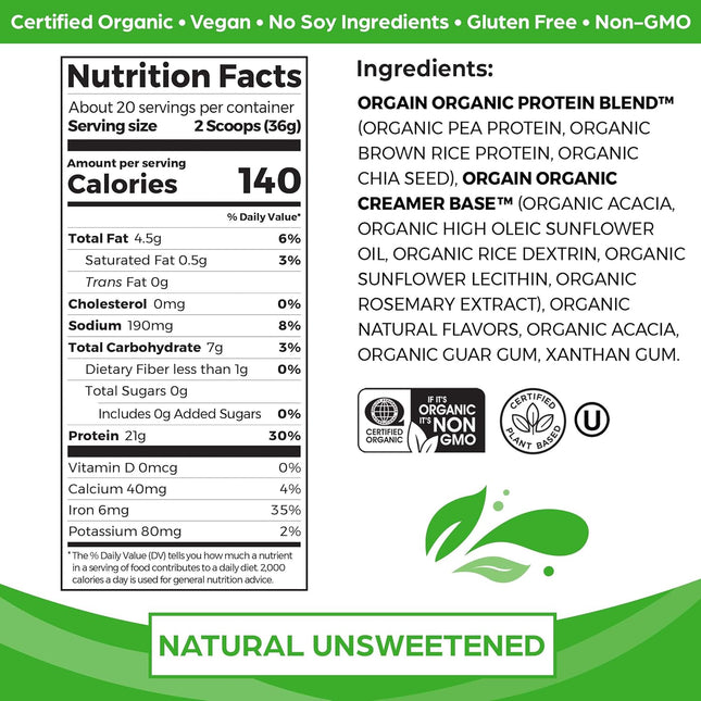 Organic Unflavored Vegan Protein Powder, Natural Unsweetened - 21G of Plant Based Protein, Non Dairy, Gluten Free, No Sugar Added, Soy Free, Non-Gmo, 1.59 Lb (Packaging May Vary)