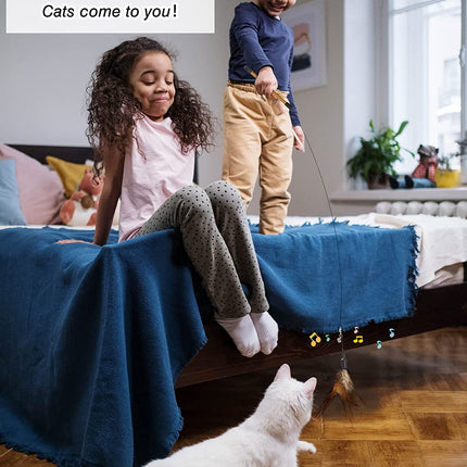 Feather Teaser Cat Toy - Interactive Wand with Extra Long 34.5" Wand and Small Bell, Fun Exerciser Playing Toy for Kittens or Cats, Brown Feather