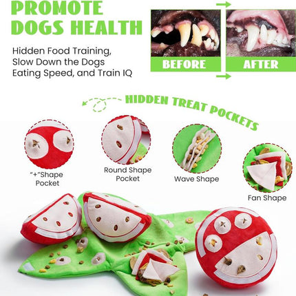 Nocciola 4-In-1 Watermelon Dog Enrichment Toys, 3 Squeaky Slices with a Rind Snuffle Mat for Treats Hunting Fun, Hide and Seek Puzzle Toy for All Breeds